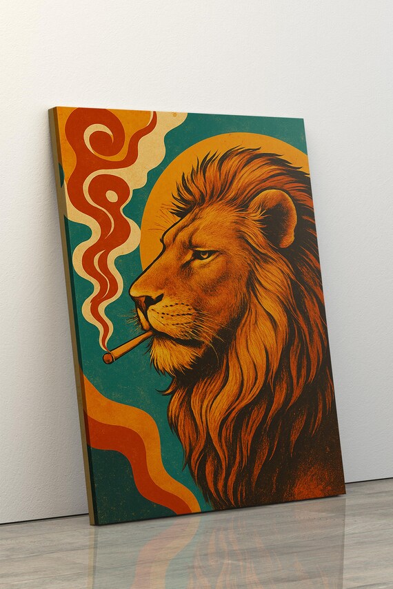 Lion Smoking a Cigarette Vintage Canvas Art, Funny Lion Retro Whimsical  Print, Cabin Decor, Poster Art Gift, Lion Wall Art, Funny Art Gifts