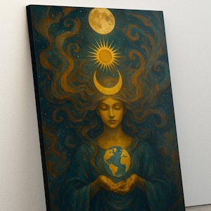 Divine Feminine Earth Goddess Wall Art, Celestial Moon Sun Print, Mystical Spiritual Mother Nature Canvas, Mystical Wall Art for Living Room