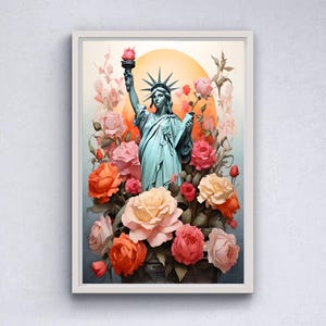 Statue de la liberté, peinture sur toile, décoration murale Statue de la liberté, livraison gratuite, art moderne, art mural pour café, art déco fleurs