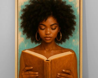 Quadro em tela com estampa de mulher negra lendo um livro, decoração de parede estética, pôster de mulher negra, decoração para quarto de estudante, decoração aconchegante para casa, presentes para amantes de livros.