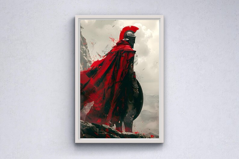 May include: Framed artwork depicting a Spartan warrior in a red cape and helmet, standing on a rocky outcrop. The artwork features a dramatic, painterly style with splashes of red and a cloudy sky background. The warrior holds a shield.