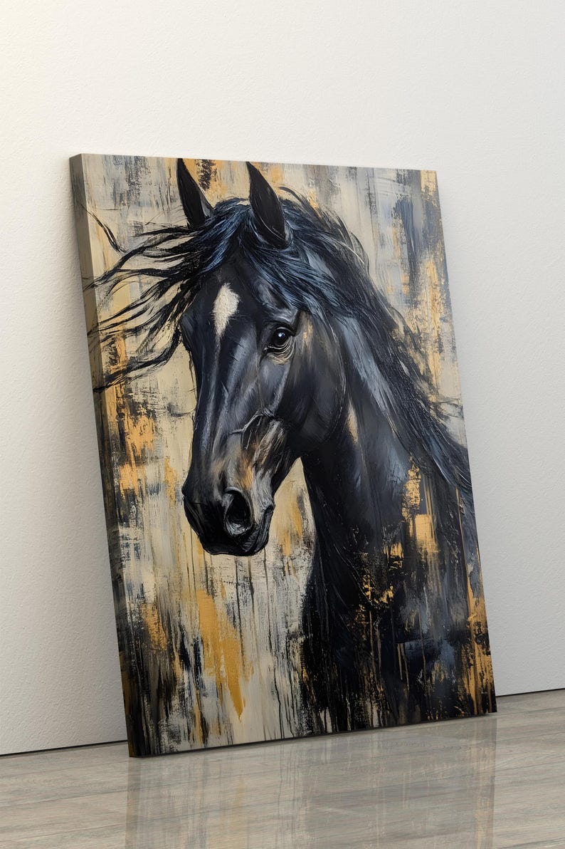 May include: A canvas print depicting a black horse's head with a white marking on its face. The artwork has a textured, abstract background with gold and neutral tones. The horse's mane is flowing. The painting is angled.