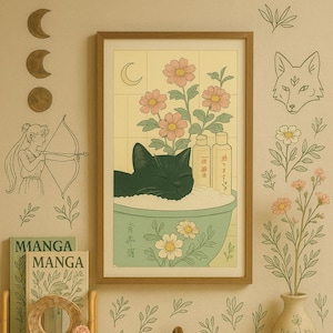 Black Cat in a Bathtub Canvas Painting, Japanese Bathroom Prints, Relaxation Poster, Japan Cat  Aesthetic Poster, Japandi Style Prints Art