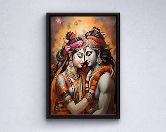 インドの神ラーダー・クリシュナのファインプリントポスター（フレーム