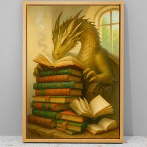 Fantasy Dragon Book Art Print, Dragon Wall Art, Mityczny Miłośnik Książek Dekoracja Ścienna, Fantasy Library Decor, Dragon Reading Wall Art, Zabawne Prezenty