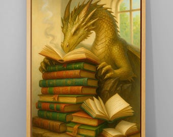 Fantasy Dragon Book Art Print, Dragon Wall Art, Mythical Book Lover Wall Decor, Fantasy Library Decor, Dragon Reading Wall Art, Funny Gifts