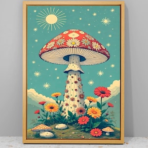 Decoración de pared con hongos, arte surrealista retro, póster de hongos, impresión vintage, arte psicodélico, lienzo de hongos, póster vintage melancólico