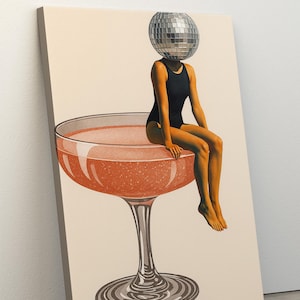 Disco Ball Head Prints Poster, Funky Disco 70s Wall Decor, Retro Decor, Funny Art, Canvas Poster, Girly Dorm Room Wall Decor, Ready to Hang