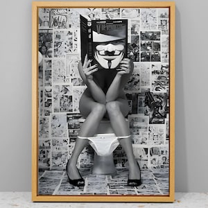 Girl Sitting On Toilet Wall Art, Black and White Print, Funny Bathroom Art, Feminist Poster, Retro Wall Decor, Fashion Poster, Toilet Decor