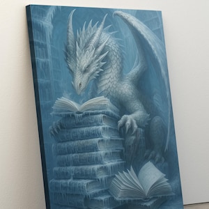 Fantasy Dragon Book Print Canvas, Dragon Art, Mityczny Miłośnik Książek Dekoracja Ścienna, Fantasy Library Decor, Dragon Reading Wall Art, Zabawne Prezenty