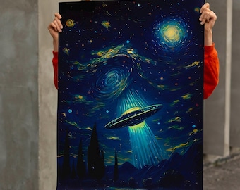 UFO Poster, Retro Wanddekor, UFO Alien Wüste Wandkunst, Girly druckbare Wandkunst, ästhetisches Raumdekor Flying Saucer Kunstdruck, Leinwand