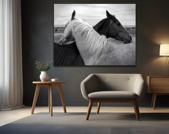 Black and White Horse Wall Art Print, Beautiful Animal Horse Canvas Print, Hotel-Office-Home Decor, Modern Horse Artwork, Ready to Hang