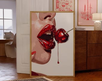 Impresión artística de labios de piruleta, descarga digital, decoración pop femenina, impresión estética, arte pop sexy, arte mural de labios, decoración de pared con labios rojos sensuales