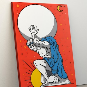 Atlas Holding Up The Sky Print, Greek Mythology Wall Decor, Colorful Abstract Greek God Art, Ancient Greek Titan God Poster, Red Color Art