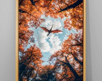 May include: A framed print featuring a dragon soaring through a sky framed by autumn trees. The dragon is silhouetted against the sky, with the trees displaying vibrant orange and brown leaves. The artwork is set in a wooden frame.