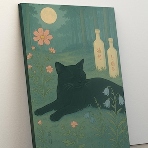 Black Cat Canvas Print, Japanese Bathroom Prints, Relaxation Poster, Japan Cat Aesthetic Poster, Japandi Style Prints Art, Housewarming Gift