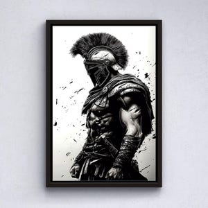 May include: Framed black and white artwork depicting a Spartan warrior. The illustration shows a detailed image of the warrior in full armour, including a helmet with a feathered crest and a sword. Splatter effects add a dynamic touch.