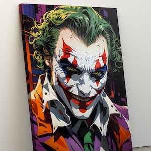May include: A close-up portrait of the Joker, a comic book villain, with green hair, a white face, and a red and white painted smile. He is wearing a purple and orange suit with a green tie.
