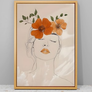 Póster minimalista de mujer y flores, impresión lineal, arte mural abstracto de rostro, póster con impresión femenina, arte lineal minimalista, arte mural abstracto de mujer
