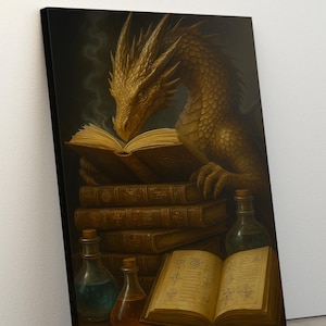 Fantasy Dragon Book Painting Canvas, Dragon Art, Mityczny Miłośnik Książek Dekoracja Ścienna, Fantasy Library Decor, Dragon Reading Wall Art, Zabawne Prezenty
