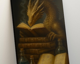 Fantasy Dragon Book Painting Canvas, Dragon Art, Mythical Book Lover Wall Decor, Fantasy Library Decor, Dragon Reading Wall Art, Funny Gifts