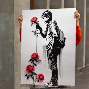 Banksy Child Canvas Art, Banksy Wall Decor, Banksy Art, Banksy Graffiti Wall Decor, Abstract Wall Decor, Street Poster, Child and Rose Art