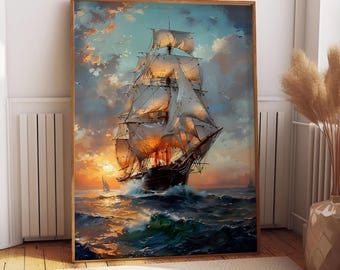 Vintage Sailing Ship Canvas Print: Nautical Coastal Wall Art
