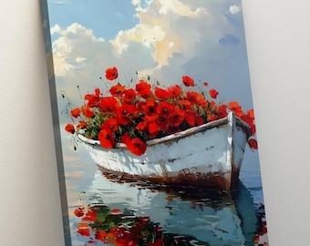 Puede incluir: Impresión en lienzo de un barco blanco lleno de amapolas rojas flotando en el agua. El estilo de pintura es impresionista, con un cielo azul y nubes en el fondo. El reflejo del barco es visible en el agua.