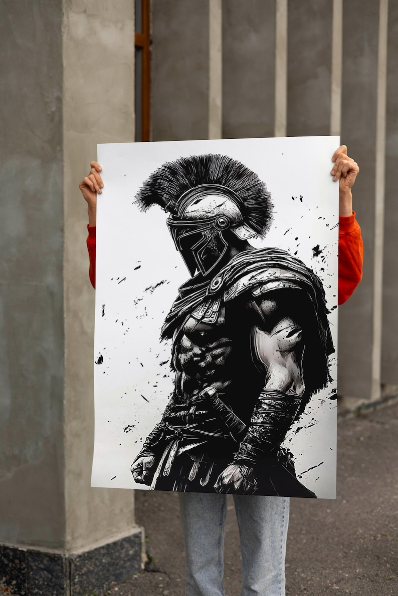 May include: Monochrome illustration of a Spartan warrior in full armour, including a helmet with a large plume. The artwork depicts a muscular physique and is set against a white background with black paint splatters.