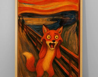 May include: A framed print featuring a cartoon fox in a parody of Edvard Munch's "The Scream." The fox, rendered in shades of orange and yellow, has a wide open mouth and hands on its cheeks. The background depicts a swirling orange and blue landscape.