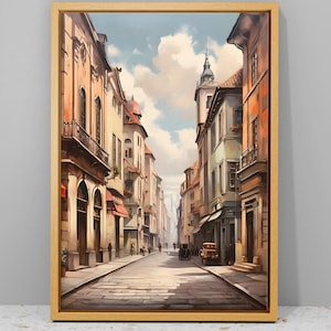 Gold Framed Old City Street Canvas Painting: Abstract Vintage Wall Art