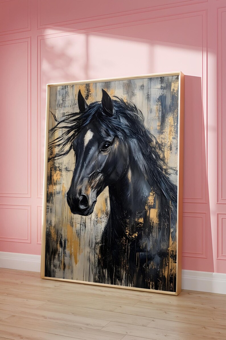 May include: An abstract painting of a black horse's head and neck, with a white blaze on its face. The artwork features a gold and neutral colour palette, with visible brushstrokes and a gold frame. The painting is displayed against a pink wall.