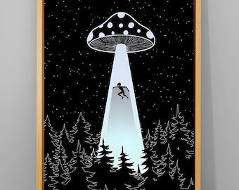 Retro UFO Abduction Art Print: Funny 50s Style Flying Saucer