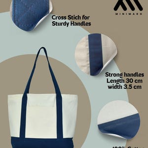 May include: A white tote bag with navy blue accents. The bag features navy blue handles and a navy blue bottom. The text on the image says "Cross Stich for Sturdy Handles", "Strong handles Length 30 cm width 3.5 cm", and "100% Cotton 12 Oz Fabric".