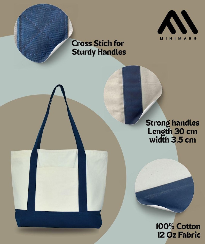 May include: A white tote bag with navy blue accents. The bag features navy blue handles and a navy blue bottom. The text on the image says "Cross Stich for Sturdy Handles", "Strong handles Length 30 cm width 3.5 cm", and "100% Cotton 12 Oz Fabric".