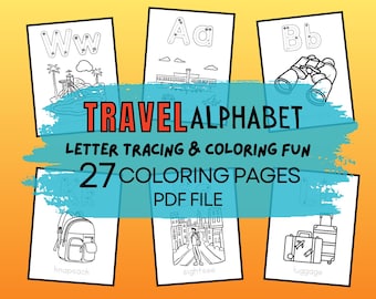 Travel Alphabet Coloring Pages - Letter Tracing for Kids (Digital Download)