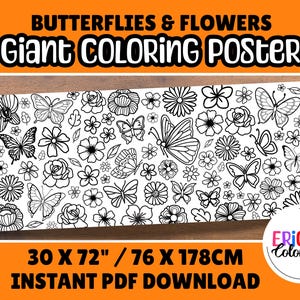 Op de afbeelding: Een zwart-wit gigantische kleurposter met vlinders en bloemen. De poster meet 76 x 178 cm en is beschikbaar als direct PDF-download. Het ontwerp bevat verschillende vlinder- en bloemillustraties.