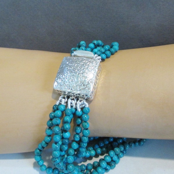 Natural Turquoise 6 Strands Bracelet Sterling Silver Clasp