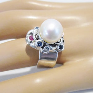 Pearl Ring Ruby, Sapphire, Black Diamond Accents .925