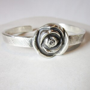 Rose and Gem Design Cuff Bracelet Sterling Silver