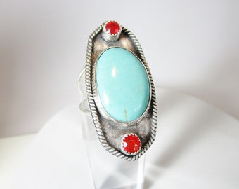 Natural Turquoise and Fire Opal Ring Sterling Silver