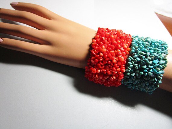 Vintage Natural Turquoise and Coral Bracelets Str… - image 3