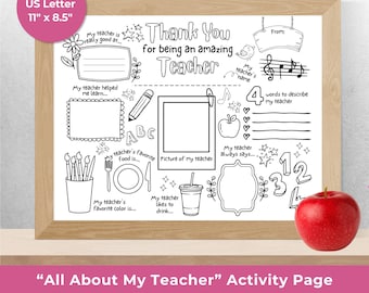Teacher Appreciation Gift, Printable Teacher Appreciation Week Gift, Thank You Teacher, School Kids Coloring Page, All About My Teacher Gift