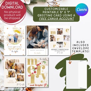 CANVA Customizable Christmas Card Template 5&quot;x7&quot; Bundle of 5 with an Envelope Template, Editable Christmas Cards Gold, Modern, Minimal