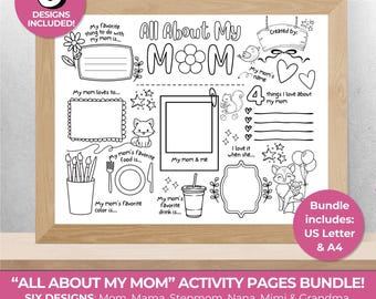 Attività stampabile per la festa della mamma "Tutto su mia mamma" per bambini, idea regalo unica per la festa della mamma, tutto sulla mia matrigna, tutto su mia nonna