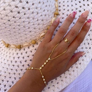 Tiny Hearts Hand Chain, 14K Gold Plated Ring Bracelet, Delicate Finger Chain, Gold Slave Bracelet, Silver Slave Bracelet