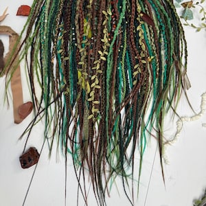 Forest Spirit Dreadlock Set – Textured DE/SE Dreads with Braids, Leaves, Lace Wraps, Gem Beads, and Feathers – Dryad Woodland Hair
