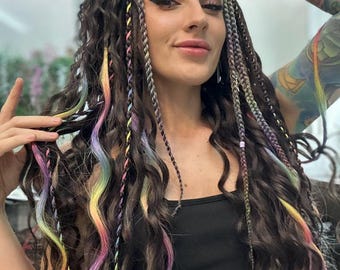 Rainbow Highlight Dreadlock Curls: Braided Synthetic Dreads with Beads