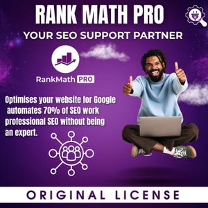 Op de afbeelding: Promotieafbeelding voor Rank Math Pro, een SEO-ondersteuningspartner. De afbeelding toont een persoon met een laptop, die een duim omhoog geeft, en de tekst "Rank Math Pro" en "Optimaliseert uw website voor Google". De achtergrond is paars.