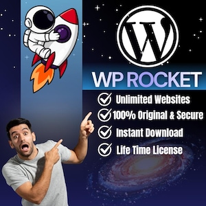 Puede incluir: Gráfico digital con un astronauta de dibujos animados en un cohete y el texto "WP ROCKET". La imagen destaca "Sitios web ilimitados", "100% Original y seguro", "Descarga instantánea" y "Licencia de por vida" con marcas de verificación.